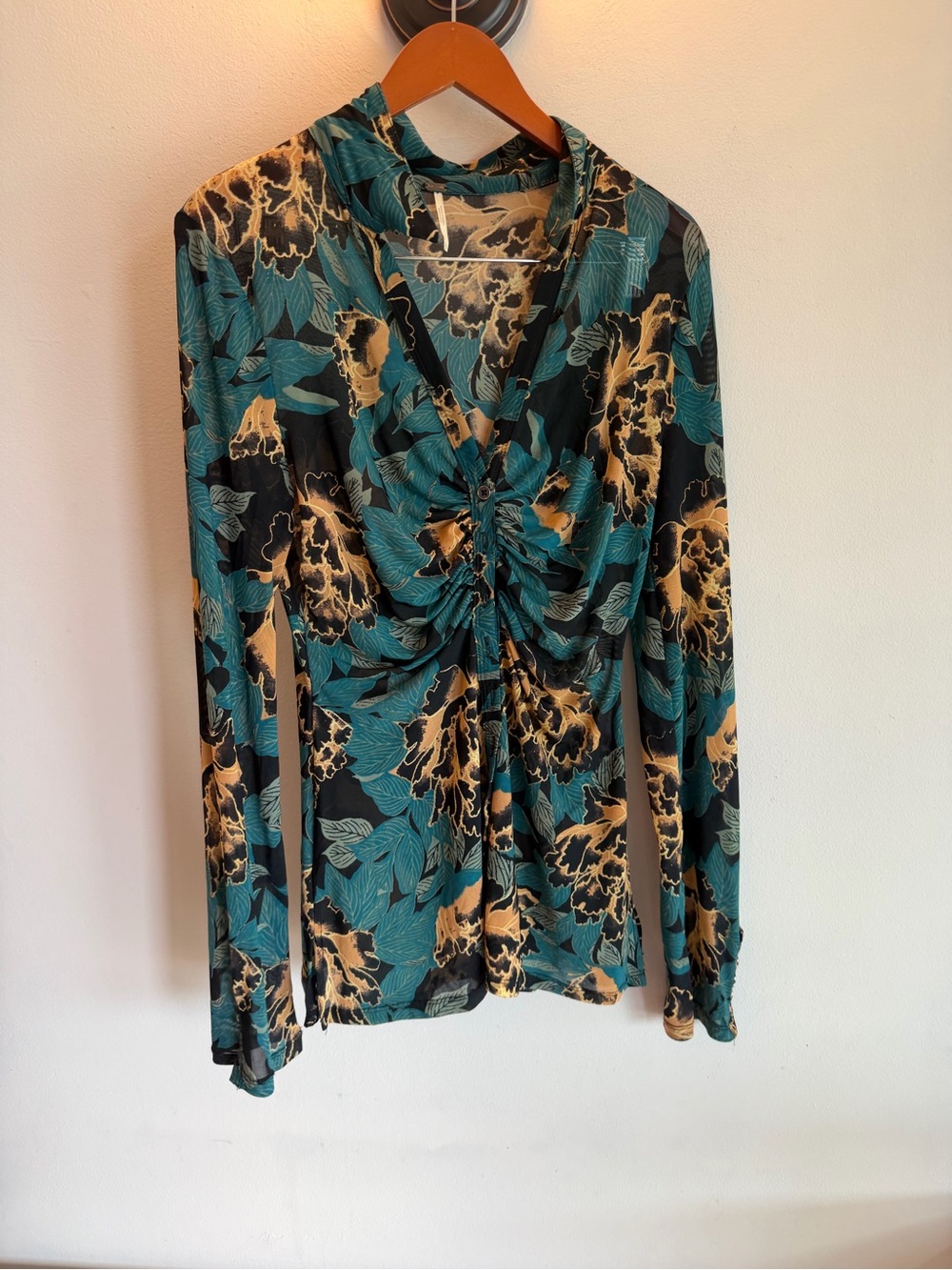 Free People Teal Floral Mesh Ruched Button Front Long Sleeve Top Large